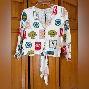 White Nautical Print Tie-Front Shirt